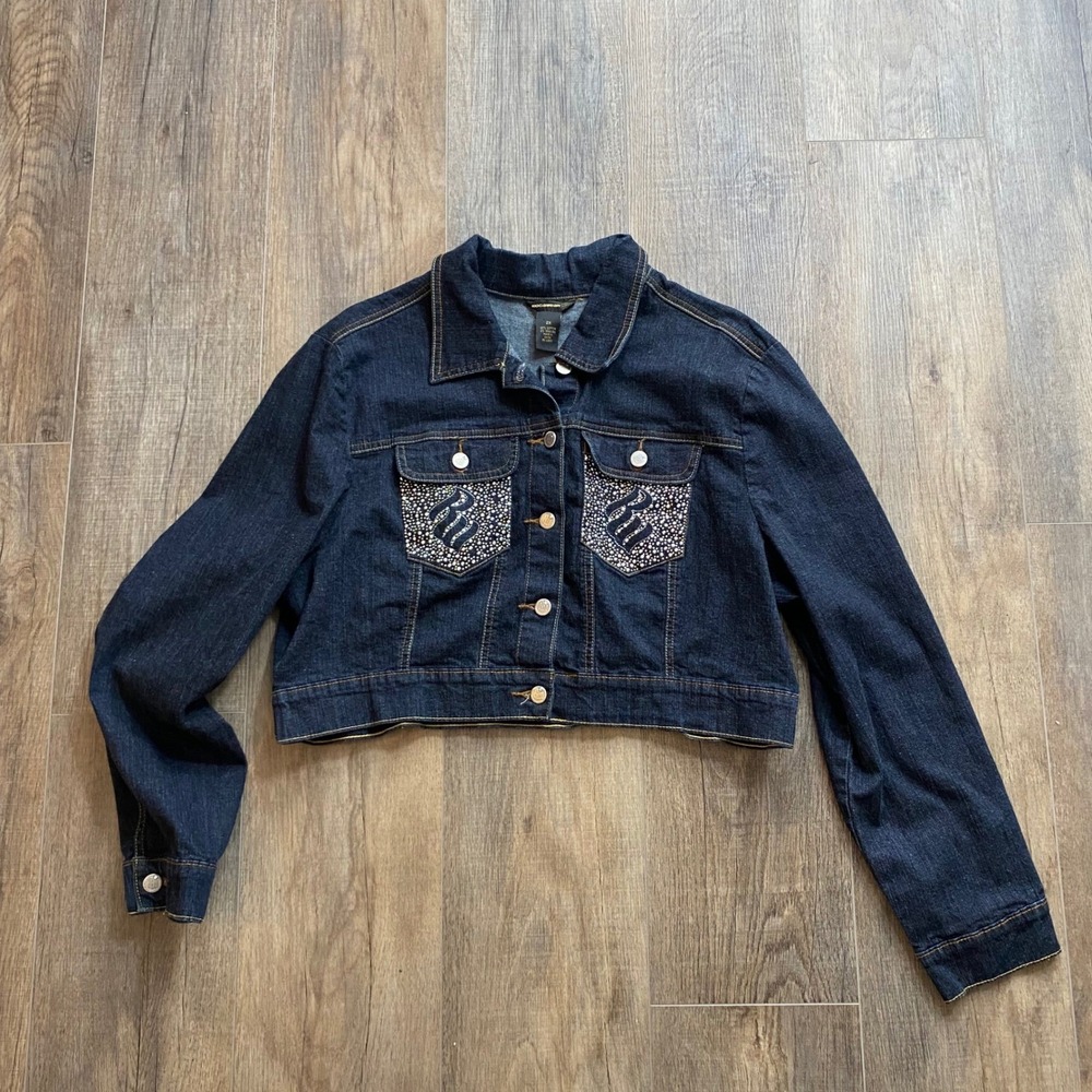 Rocawear Womens 2X Denim Jacket Rhinestone Embellished Dark Wash Y2K Streetwear